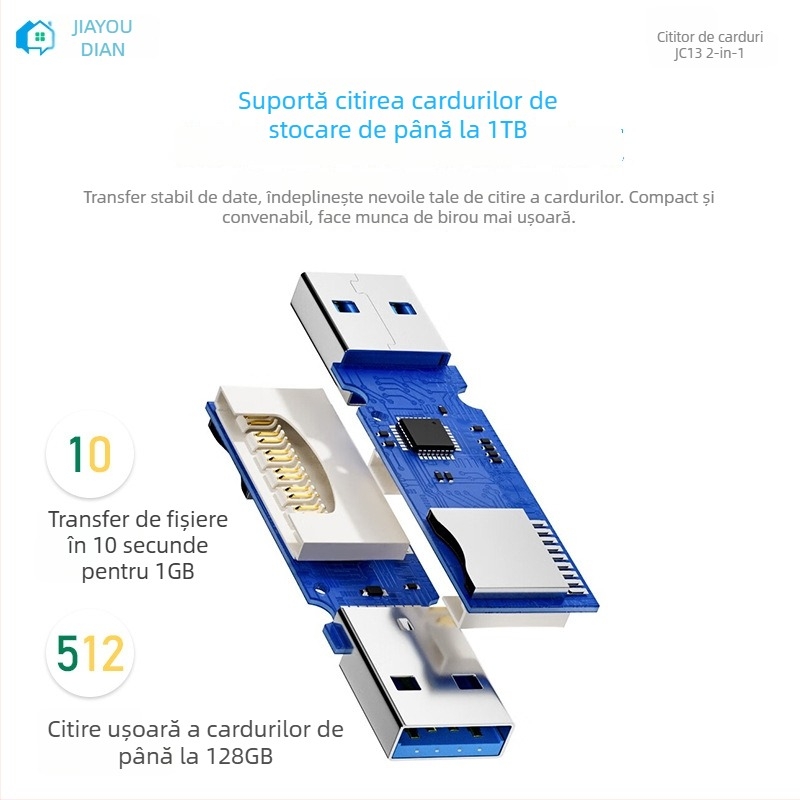 Cititor USB 2.0 JC13 pentru carduri SD/TF, dual, extern, 8 g