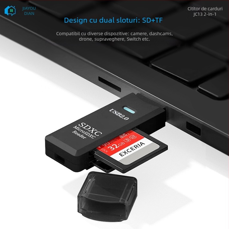 Cititor USB 2.0 JC13 pentru carduri SD/TF, dual, extern, 8 g