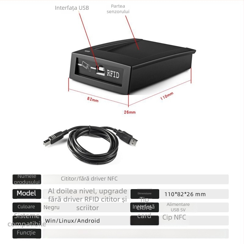 Cititor/ scriitor NFC în lot USB fără driver, cu SDK - Frecvență înaltă, distanță de detecție 1–5 cm, timp de citire 0,5–3 s