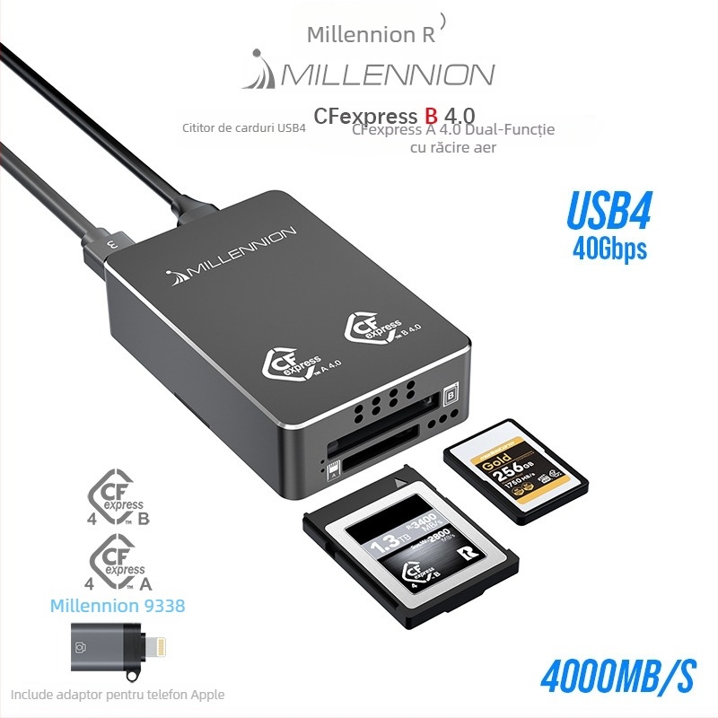 Cititor USB4 2-în-1 pentru carduri CFA și CFB, interfață USB-C cu 40Gbps, carcasă din aluminiu, modelul 9338