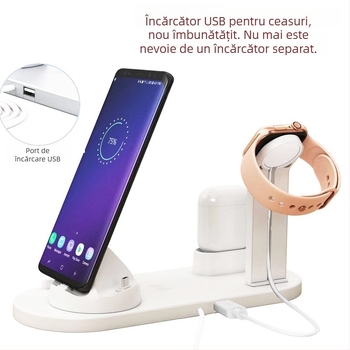 Stativ pentru ceas și încărcător de căști cu încărcare wireless, bază 3 în 1, se rotește la unghiuri, USB 1.1, suport MicroSD/MicroSDHC, instalare încorporată, greutate 0,56 kg