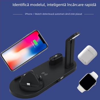 Stativ pentru ceas și încărcător de căști cu încărcare wireless, bază 3 în 1, se rotește la unghiuri, USB 1.1, suport MicroSD/MicroSDHC, instalare încorporată, greutate 0,56 kg