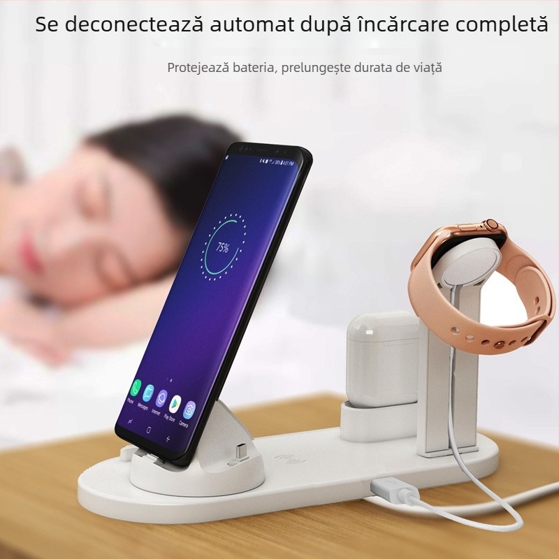 Stativ pentru ceas și încărcător de căști cu încărcare wireless, bază 3 în 1, se rotește la unghiuri, USB 1.1, suport MicroSD/MicroSDHC, instalare încorporată, greutate 0,56 kg