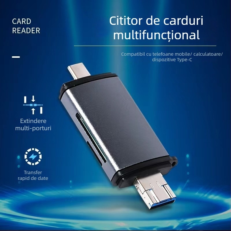 Cititor USB de carduri, șase în unu, suport SD și microSD (TF), interfață USB-C, compatibil Android