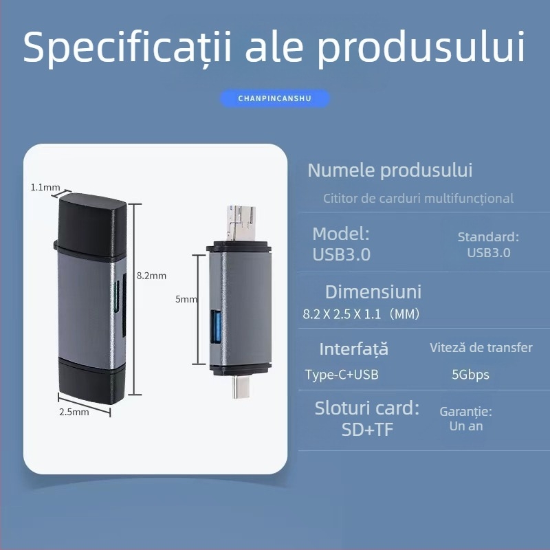 Cititor USB de carduri, șase în unu, suport SD și microSD (TF), interfață USB-C, compatibil Android