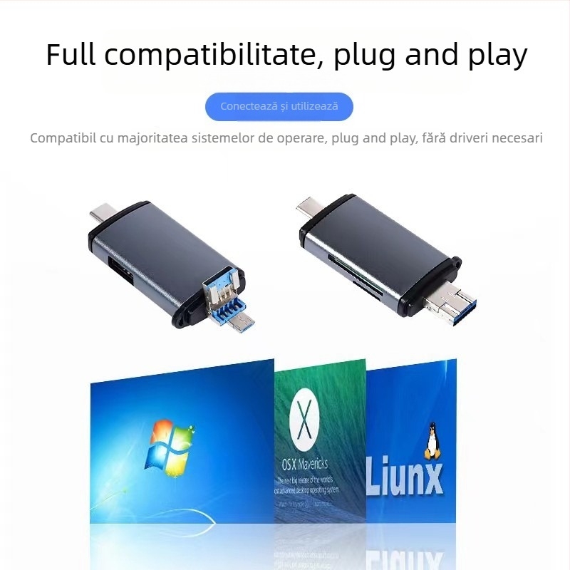 Cititor USB de carduri, șase în unu, suport SD și microSD (TF), interfață USB-C, compatibil Android