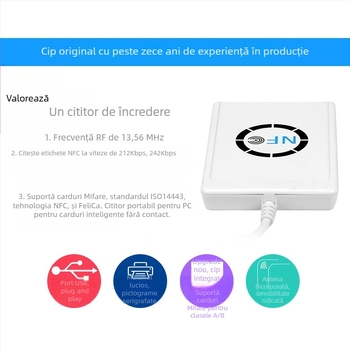 NFC-122U Cititor de carduri pentru controlul accesului 13,56 MHz, compatibil IC/NTAG, model 122, distanța de detecție 1–6 cm, timp de citire 1