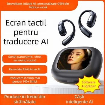 AI Cască Bluetooth cu traducere simultană, prindere la ureche, înregistrare și transcriere, Android/iOS, Bluetooth 5.4, 400mAh, 45g, control tactil + buton, model 2025