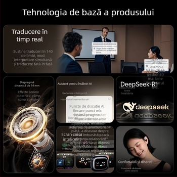 AI Cască Bluetooth cu traducere simultană, prindere la ureche, înregistrare și transcriere, Android/iOS, Bluetooth 5.4, 400mAh, 45g, control tactil + buton, model 2025