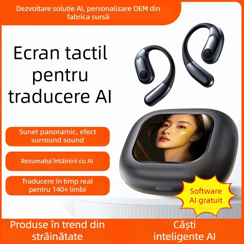 AI Cască Bluetooth cu traducere simultană, prindere la ureche, înregistrare și transcriere, Android/iOS, Bluetooth 5.4, 400mAh, 45g, control tactil + buton, model 2025