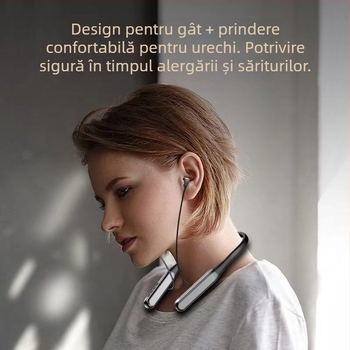 Căști Bluetooth pentru sport cu bandă la gat – sunet stereo, autonomie peste 8 ore, Bluetooth 5.4, rază 10 m, rezistente la apă, in-ear