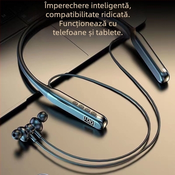 Căști Bluetooth pentru sport cu bandă la gat – sunet stereo, autonomie peste 8 ore, Bluetooth 5.4, rază 10 m, rezistente la apă, in-ear