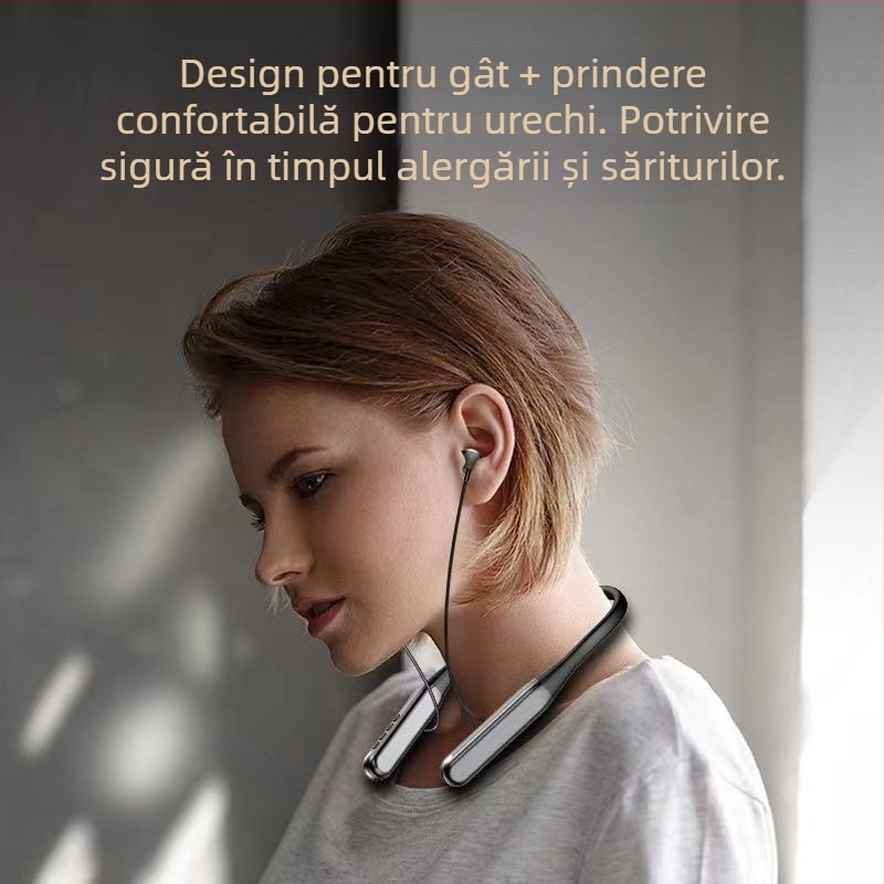 Căști Bluetooth pentru sport cu bandă la gat – sunet stereo, autonomie peste 8 ore, Bluetooth 5.4, rază 10 m, rezistente la apă, in-ear