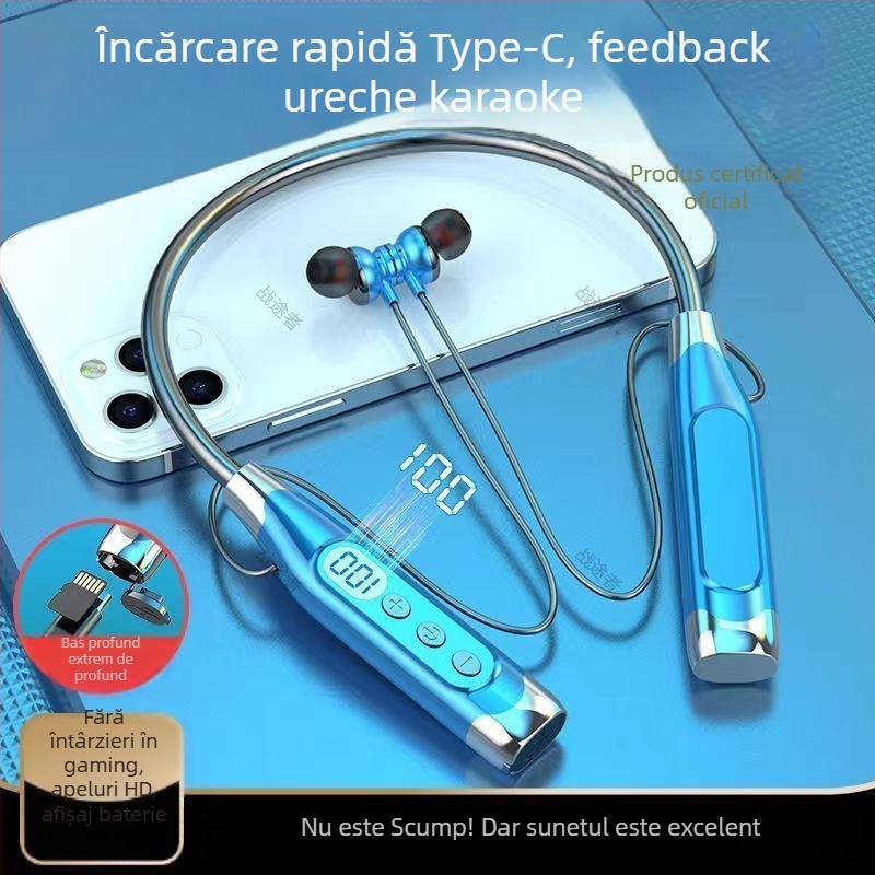 Căști fără fir pentru gât – durată mare de viață a bateriei, sunet stereo, Bluetooth 5.0, afișaj digital, control vocal