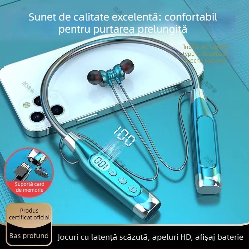 Căști fără fir pentru gât – durată mare de viață a bateriei, sunet stereo, Bluetooth 5.0, afișaj digital, control vocal