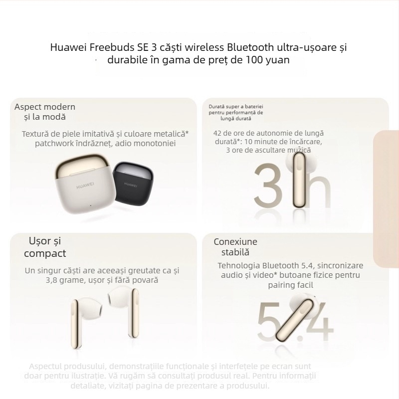 Huawei FreeBuds SE 3 Căști Bluetooth Fără Fir, Sunet Stereo, 8+ ore baterie, conexiune Multi-point, Bluetooth 5.0, semi-in-ear