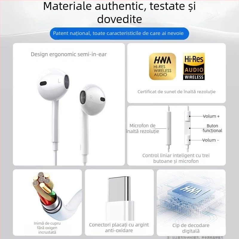 Căști cu fir, in-ear, cu jack 3.5 mm în formă de L, microfon încorporat, cablu 1.2 m, difuzor de 14 mm, pentru dispozitive iPhone