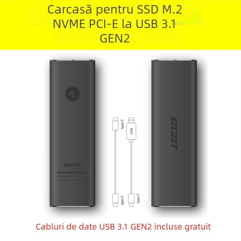 Carcasă pentru SSD M.2 NVMe USB 3.1 Gen2 Type-C PCIe, până la 2 TB, 9 Gbps, aliaj de aluminiu