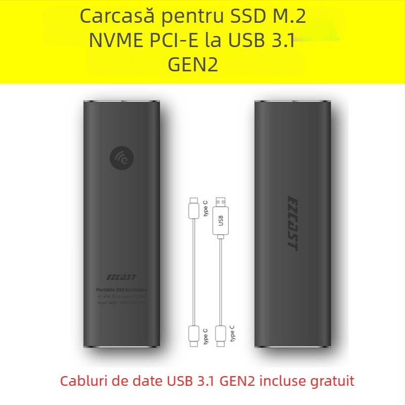 Carcasă pentru SSD M.2 NVMe USB 3.1 Gen2 Type-C PCIe, până la 2 TB, 9 Gbps, aliaj de aluminiu