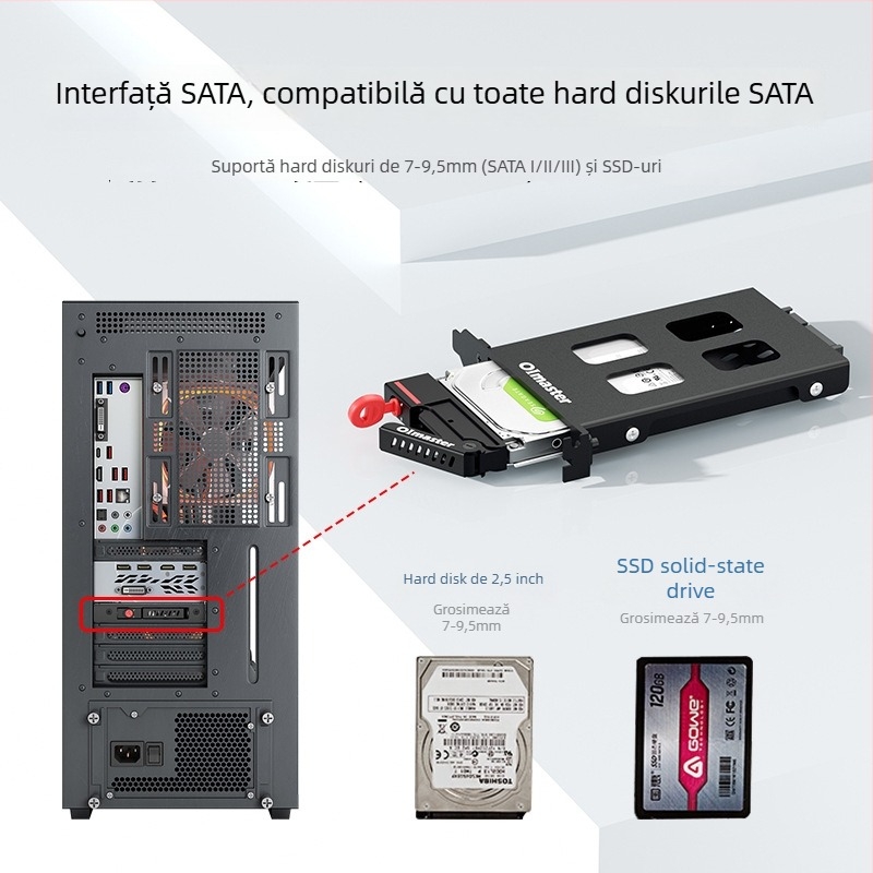 Carcasă PCI pentru un singur hard disk, cu sertar de extras încorporat, compatibilă cu discuri 2,5'' SATA/SSD; interfață SATA, 6Gbps, corp metalic, până la 6TB.