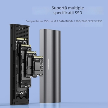 Cutie M.2 pentru SSD NVMe/SATA cu protocol dual, Type-C, aliaj de aluminiu, suport până la 8TB, viteze 10Gbps NVMe / 5Gbps SATA