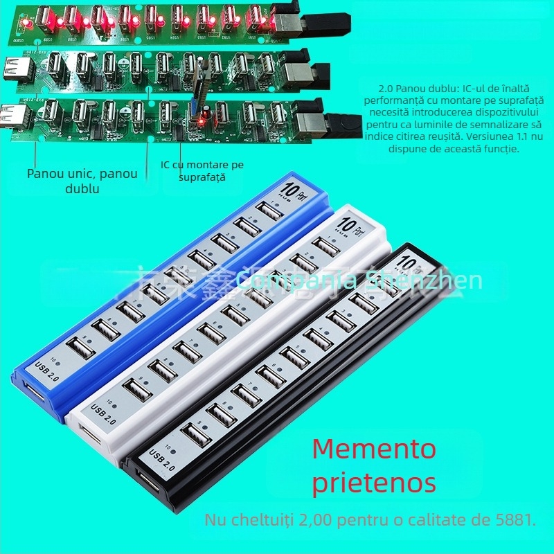Hub USB 2.0 cu 10 porturi și docking station 1 la 10 pentru desktopuri și laptopuri