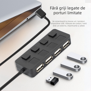 Hub USB 2.0 cu 4 porți H031, întrerupătoare independente, 480 Mbps, cablu 0,3 m, fără alimentare externă