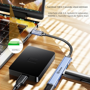 Hub USB-C spre USB 3.0 cu 4 porturi, model Hub69-4 ports, alimentare externă, cablu de până la 1,8 m