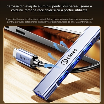 Hub USB-C spre USB 3.0 cu 4 porturi, model Hub69-4 ports, alimentare externă, cablu de până la 1,8 m