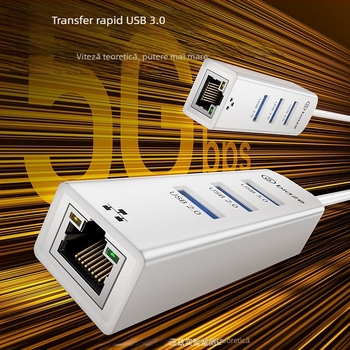 Hub USB 3.0 cu port RJ45 Ethernet, 4 porturi, 5 Gbps, fără alimentare externă, model ZH242