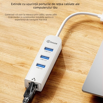 Hub USB 3.0 cu port RJ45 Ethernet, 4 porturi, 5 Gbps, fără alimentare externă, model ZH242