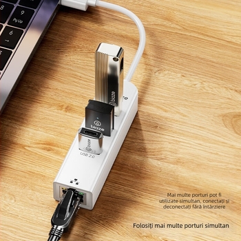 Hub USB 3.0 cu port RJ45 Ethernet, 4 porturi, 5 Gbps, fără alimentare externă, model ZH242