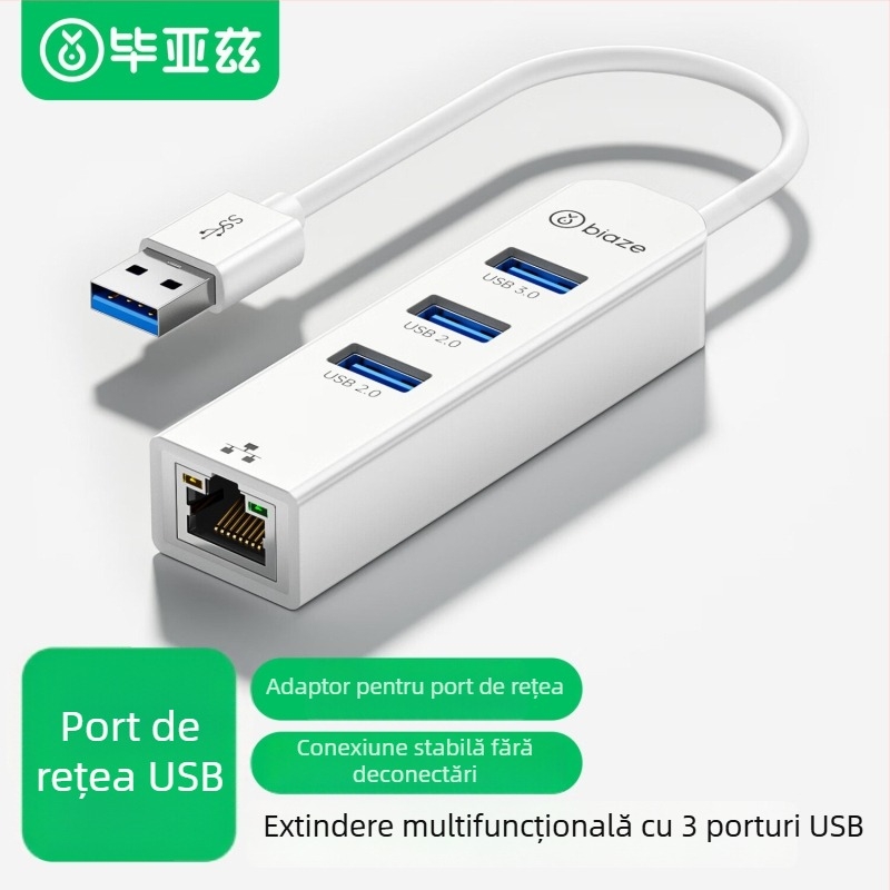 Hub USB 3.0 cu port RJ45 Ethernet, 4 porturi, 5 Gbps, fără alimentare externă, model ZH242