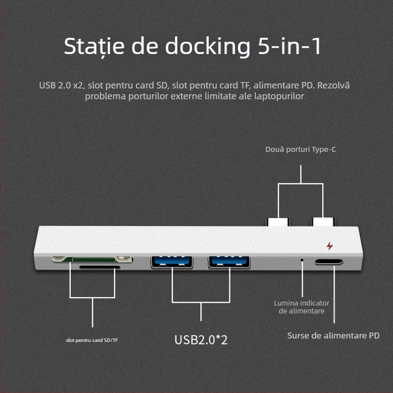 Stație de docking USB-C XS819 cu interfață USB 2.0, fără sursă de alimentare externă