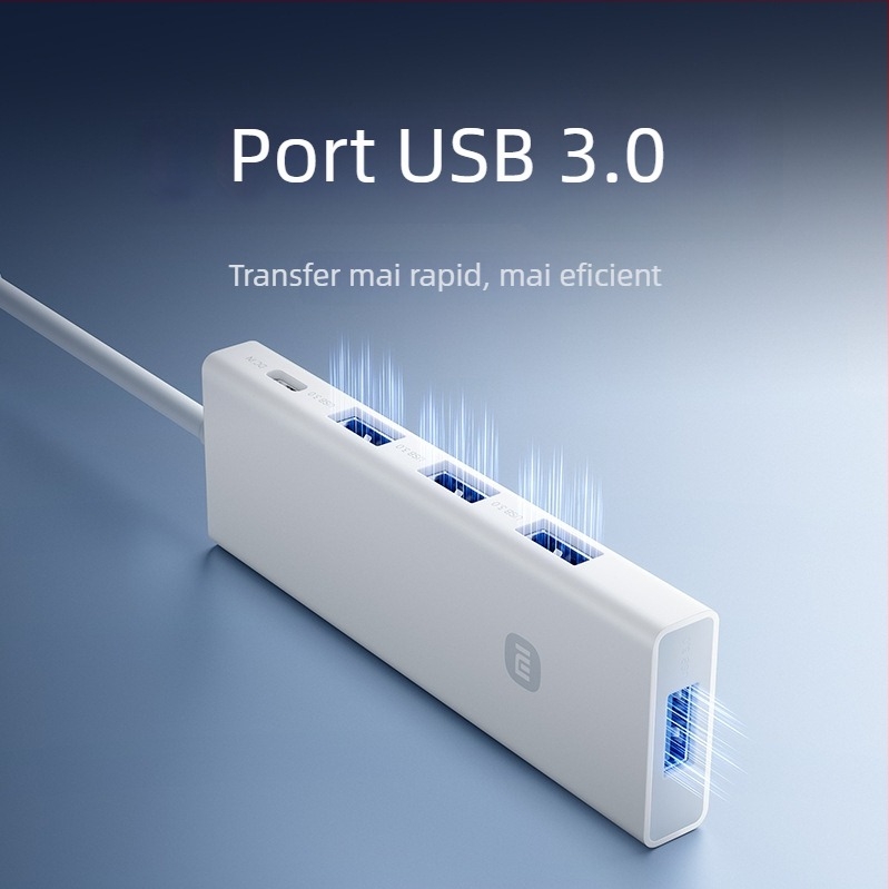 Divizor/Adaptor USB 3.0 cu 4 porturi pentru transfer de date (cablu USB-A/Type-C de aproximativ 7,6 cm, fără alimentare externă, interfață USB 3.0, până la 5 Gbps teoretic, până la 450 MB/s)