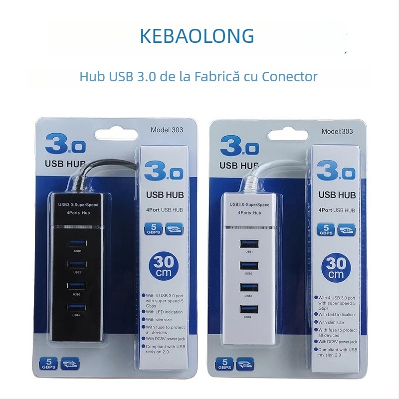 Cobolong hub USB 3.0 pentru conexiune la calculator, interfață USB de mare viteză, 5 Gbps, alimentare prin USB (fără sursă externă), cablu 34 cm sau 50 cm