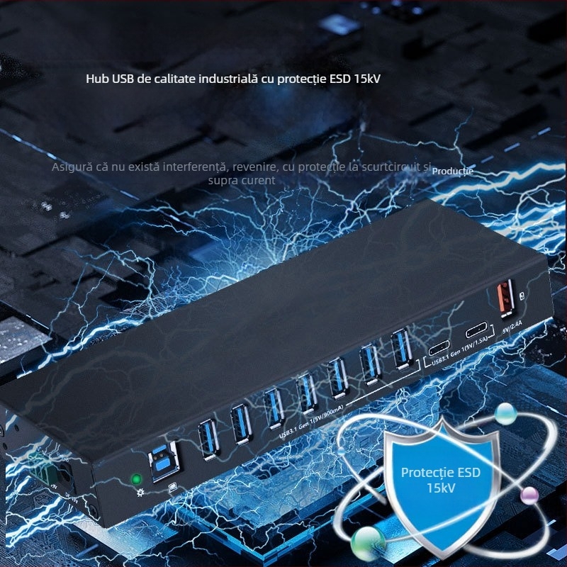 Hub USB industrial, protecție anti-statică, USB 3.0, alimentat de la calculator, fără sursă de alimentare externă, model TH-3810