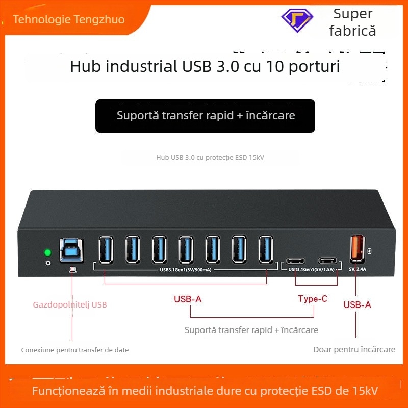Hub USB industrial, protecție anti-statică, USB 3.0, alimentat de la calculator, fără sursă de alimentare externă, model TH-3810