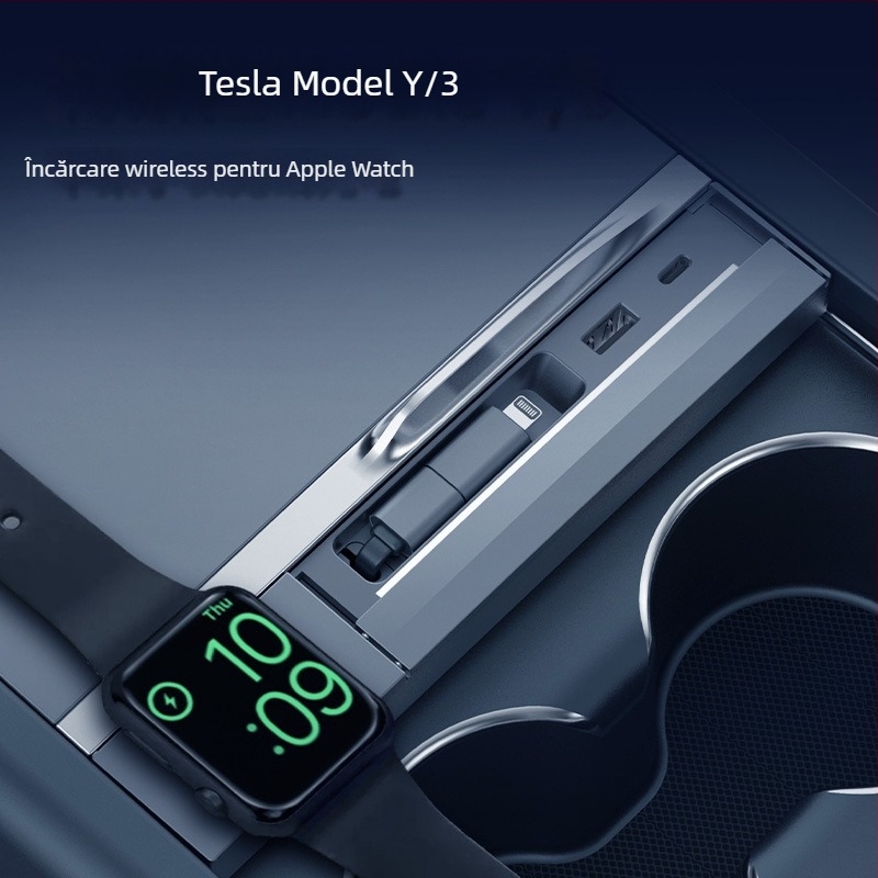Stație de docking pentru Tesla Model 3/Y cu adaptor de încărcare wireless (T12), USB 3.0, cablu de 80 cm, alimentare externă, 4 porturi
