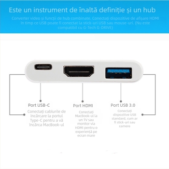Adaptor Type-C către HDMI și USB 3-în-1, 4K, USB 2.0, fără alimentare externă