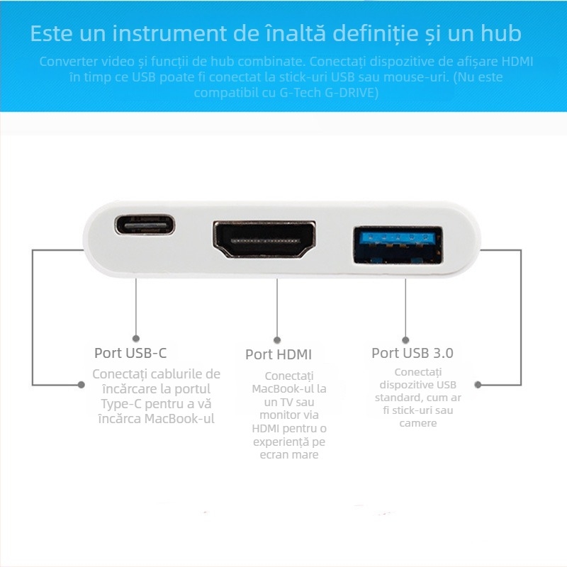 Adaptor Type-C către HDMI și USB 3-în-1, 4K, USB 2.0, fără alimentare externă