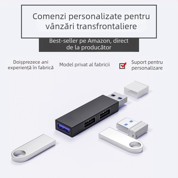 Hub USB 3.0 portabil cu trei porturi, alimentat prin USB (fără sursă externă), viteză până la 5 Gbps