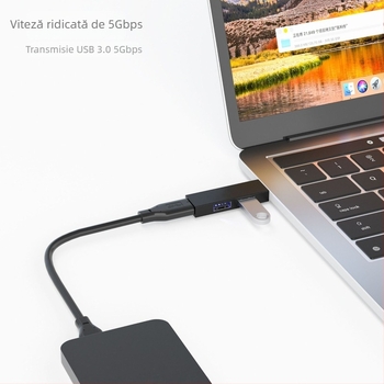 Hub USB 3.0 portabil cu trei porturi, alimentat prin USB (fără sursă externă), viteză până la 5 Gbps