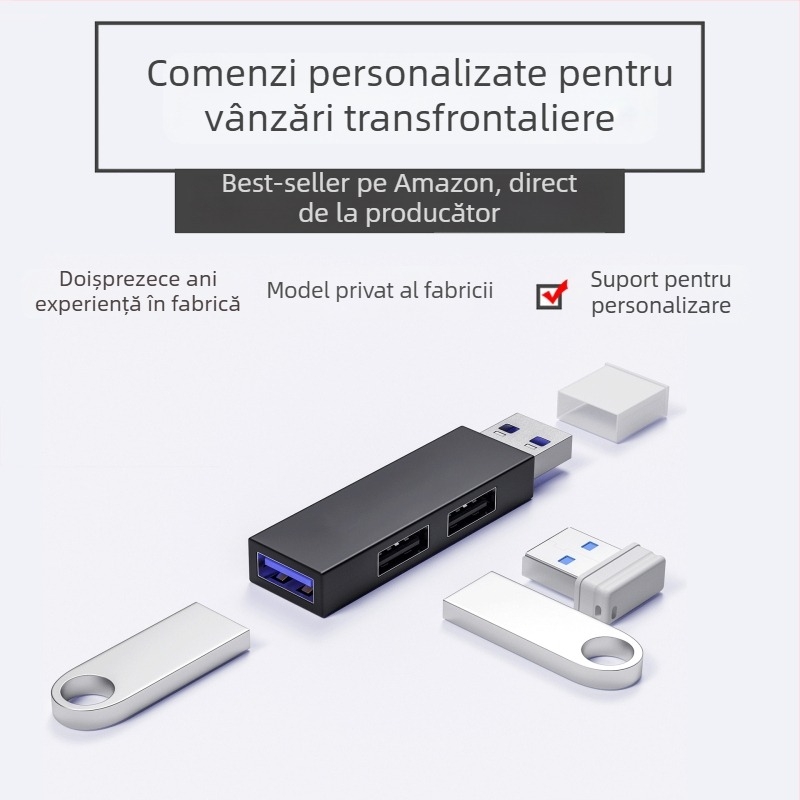 Hub USB 3.0 portabil cu trei porturi, alimentat prin USB (fără sursă externă), viteză până la 5 Gbps