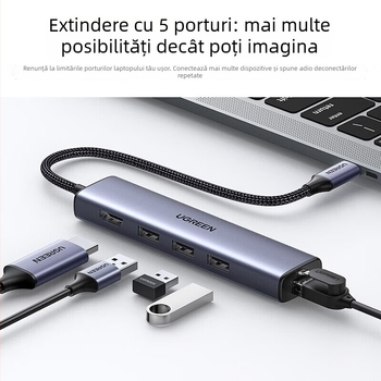 Stație docking Type-C cu Ethernet Gigabit, ieșire HDMI și USB hub (1–4 porturi)