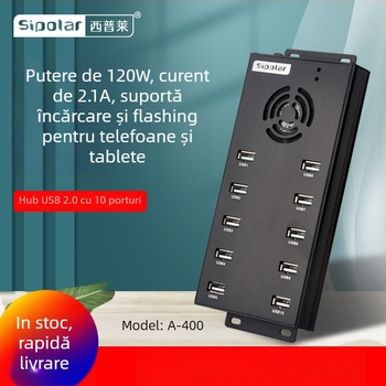 Hub USB 2.0 cu 10 porturi, alimentare externă, model A-400; transfer până la 480 Mbps; intrare 12V10A; ieșire 5V2.1A