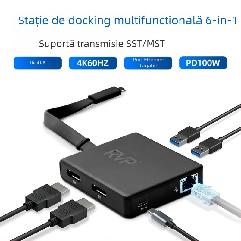Dock USB-C 6 în 1 cu interfață USB 2.0, 480 MB/s transfer, cablu 15 cm, fără alimentare externă