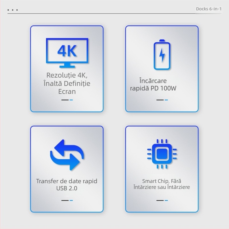 Dock USB-C 6 în 1 cu interfață USB 2.0, 480 MB/s transfer, cablu 15 cm, fără alimentare externă