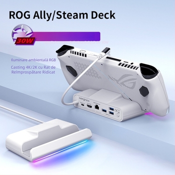 ROG dock portabil RGB USB-C hub multiport, transfer 10Gbps, cablu 26 cm, fără alimentare externă, suport 1–6 porturi