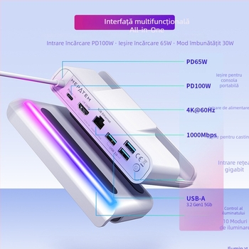 ROG dock portabil RGB USB-C hub multiport, transfer 10Gbps, cablu 26 cm, fără alimentare externă, suport 1–6 porturi